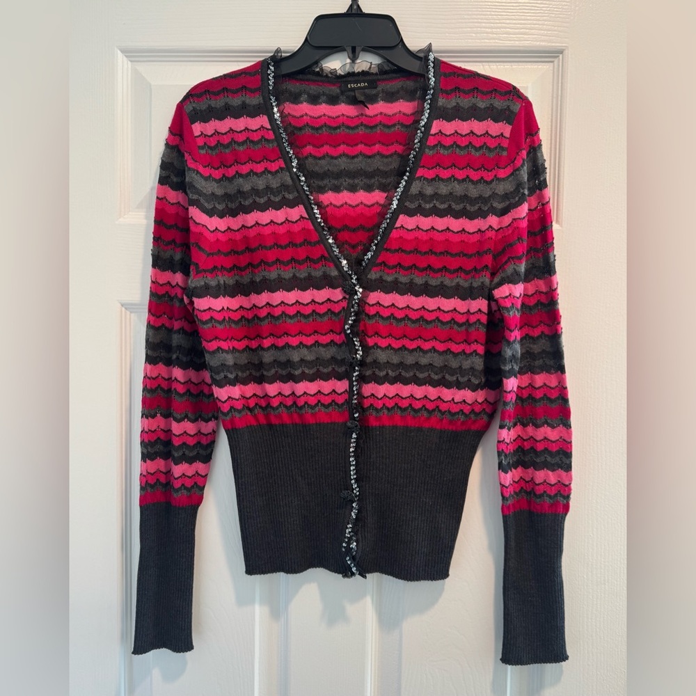 Escada Pink and Gray Striped Cardigan w Sequin Trim